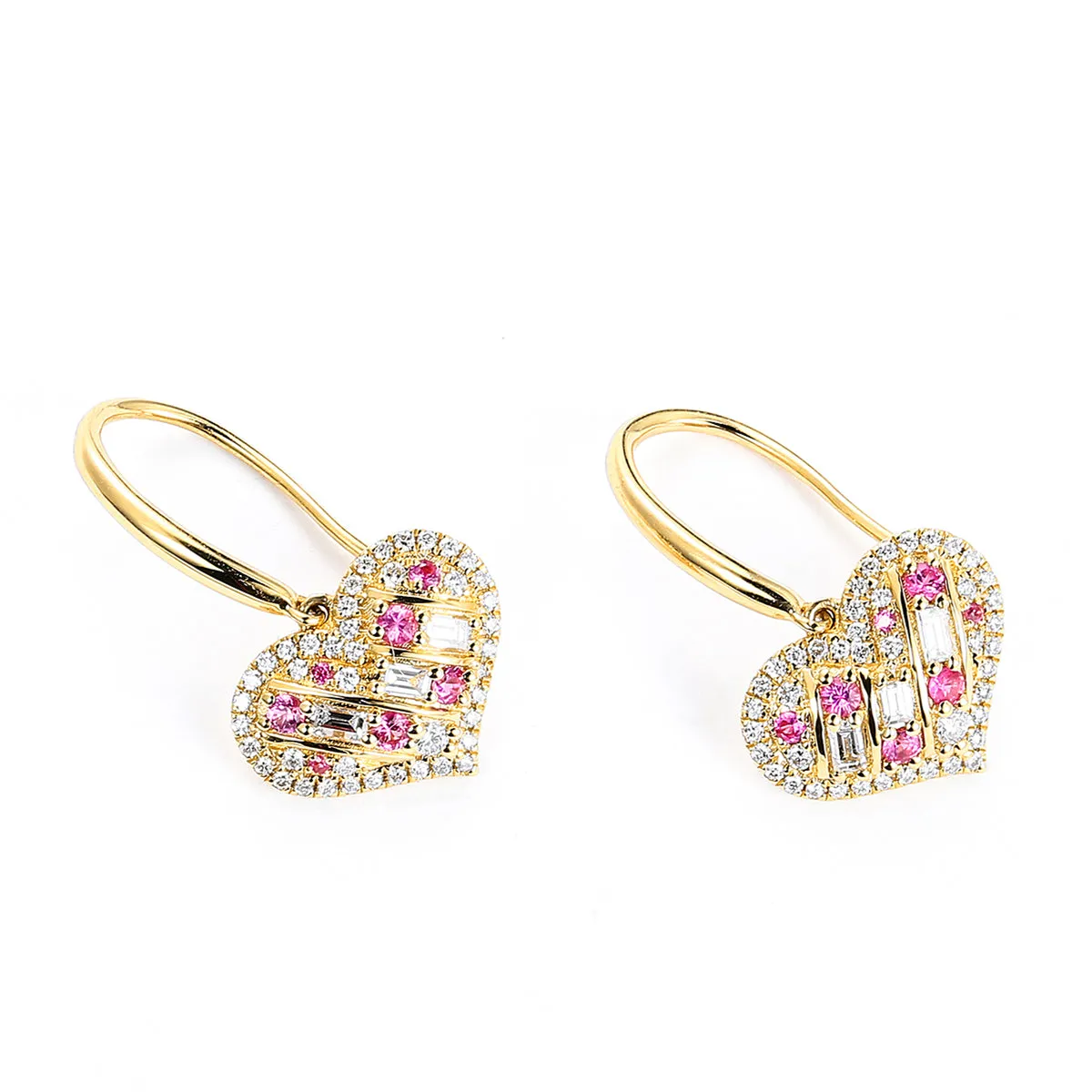 Diamond and Pink Sapphire Heart Dangle Hook Earrings