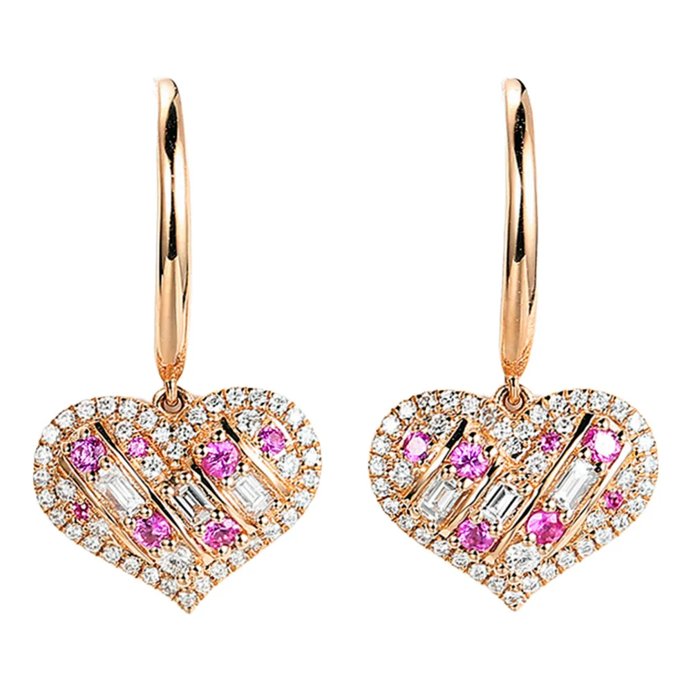 Diamond and Pink Sapphire Heart Dangle Hook Earrings