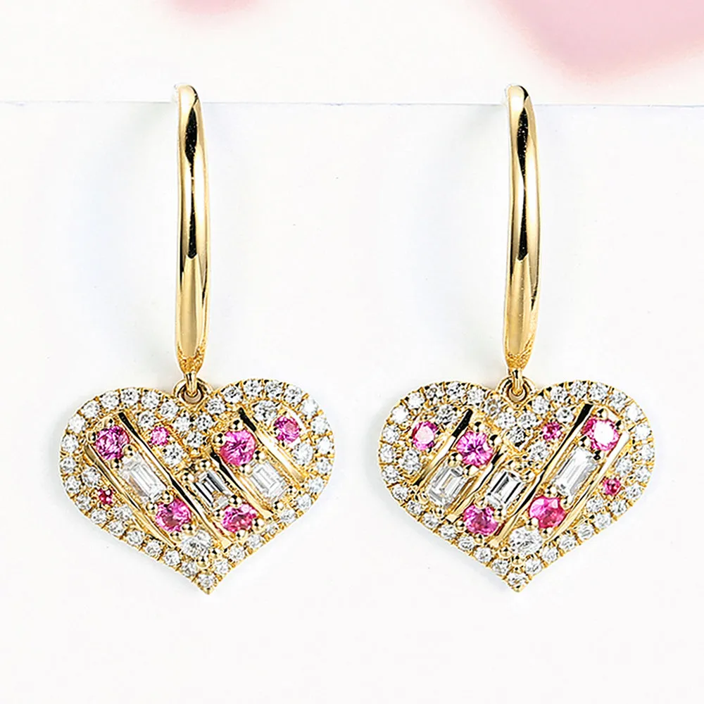 Diamond and Pink Sapphire Heart Dangle Hook Earrings