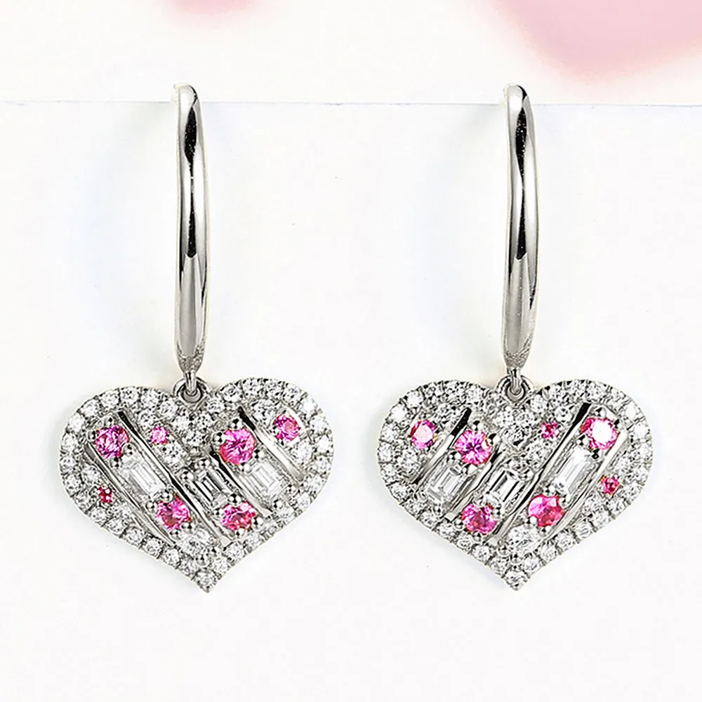 Diamond and Pink Sapphire Heart Dangle Hook Earrings