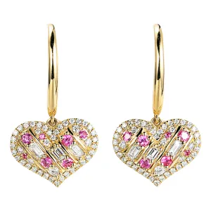 Diamond and Pink Sapphire Heart Dangle Hook Earrings
