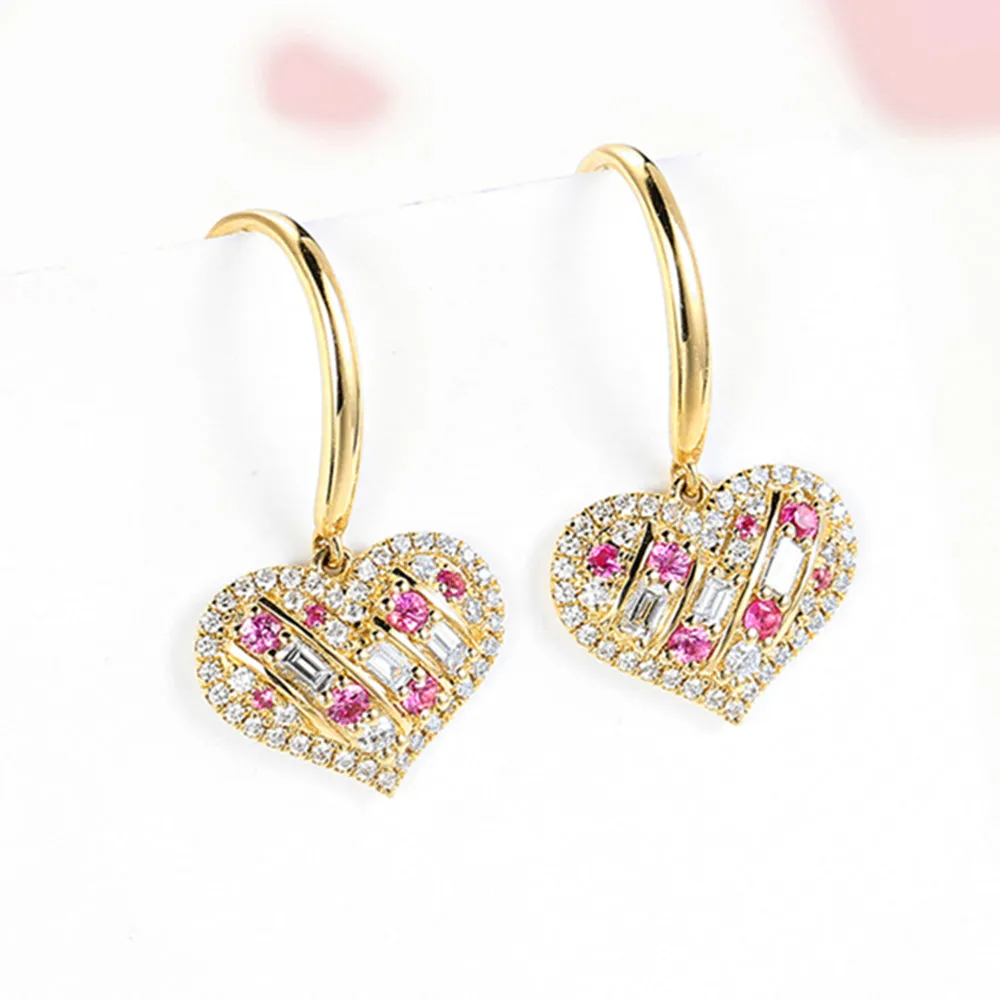 Diamond and Pink Sapphire Heart Dangle Hook Earrings