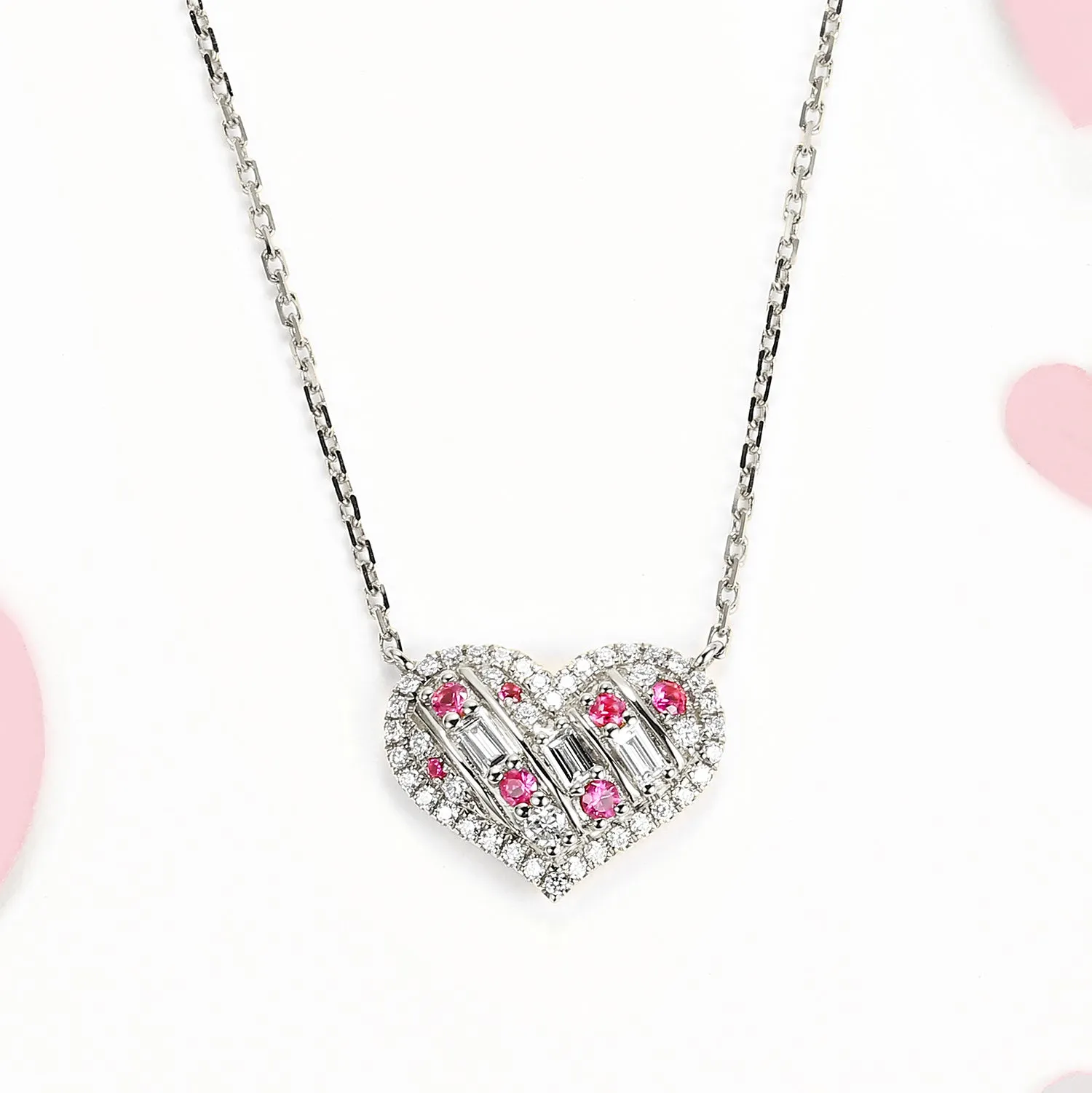 Diamond and Pink Sapphire Heart Necklace