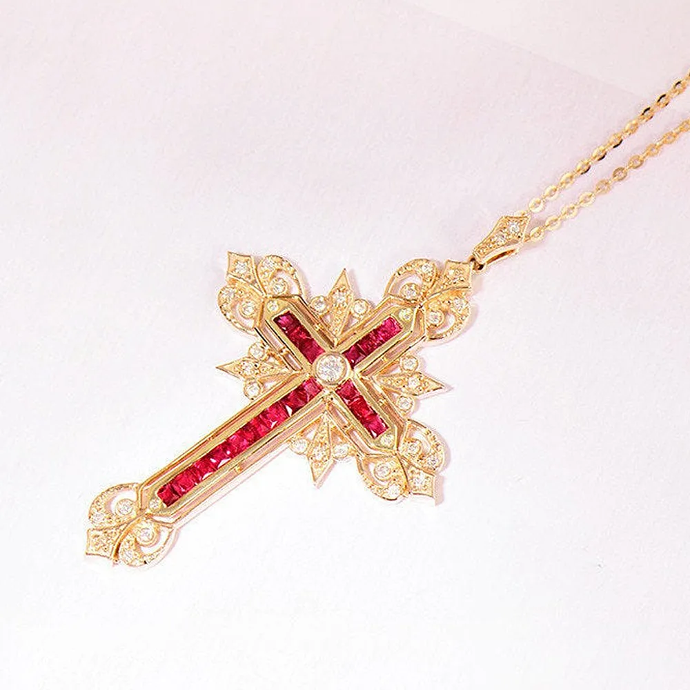 Diamond and Ruby Cross Pendant Necklace