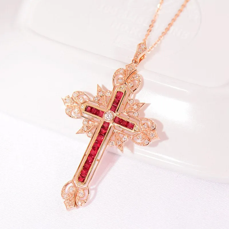 Diamond and Ruby Cross Pendant Necklace