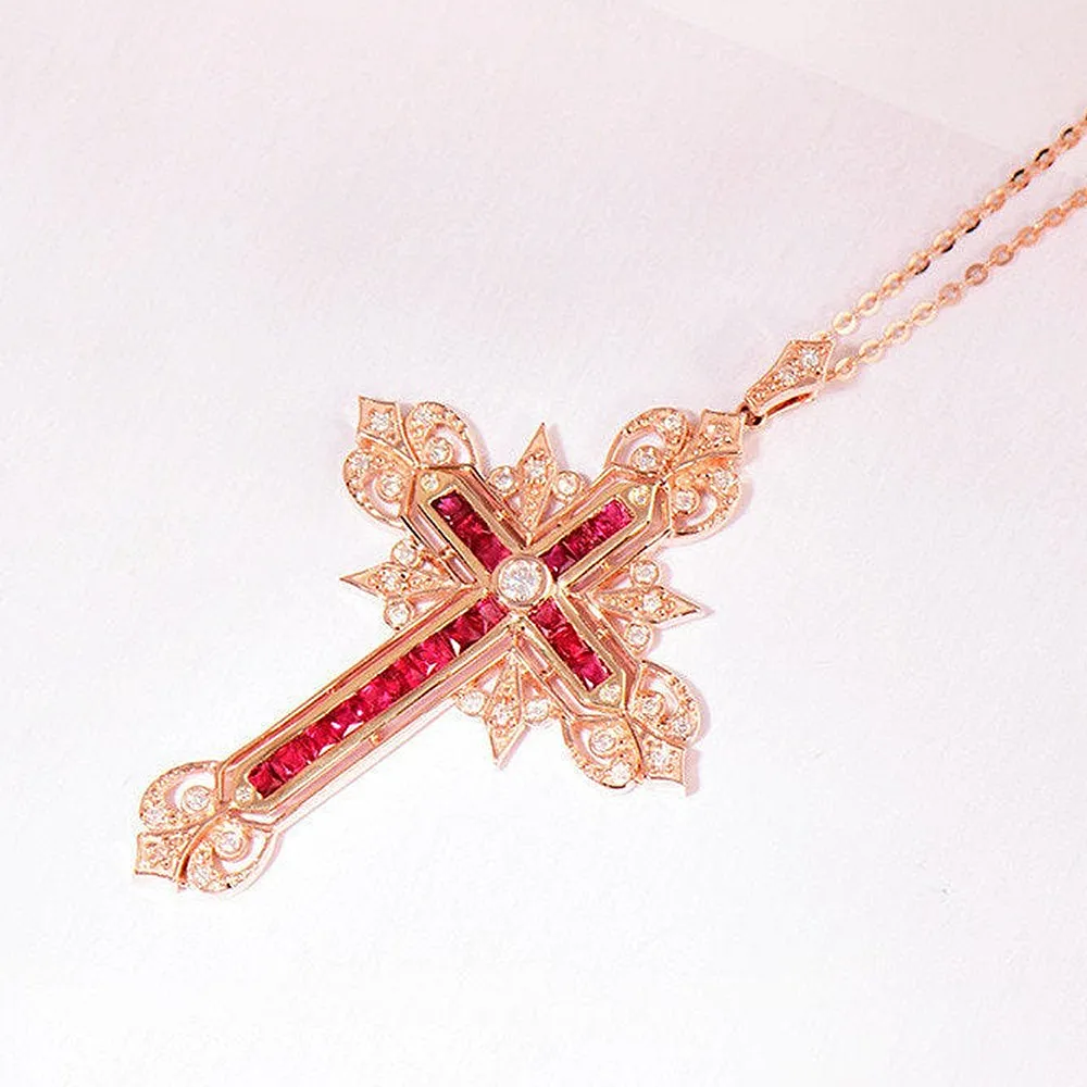 Diamond and Ruby Cross Pendant Necklace