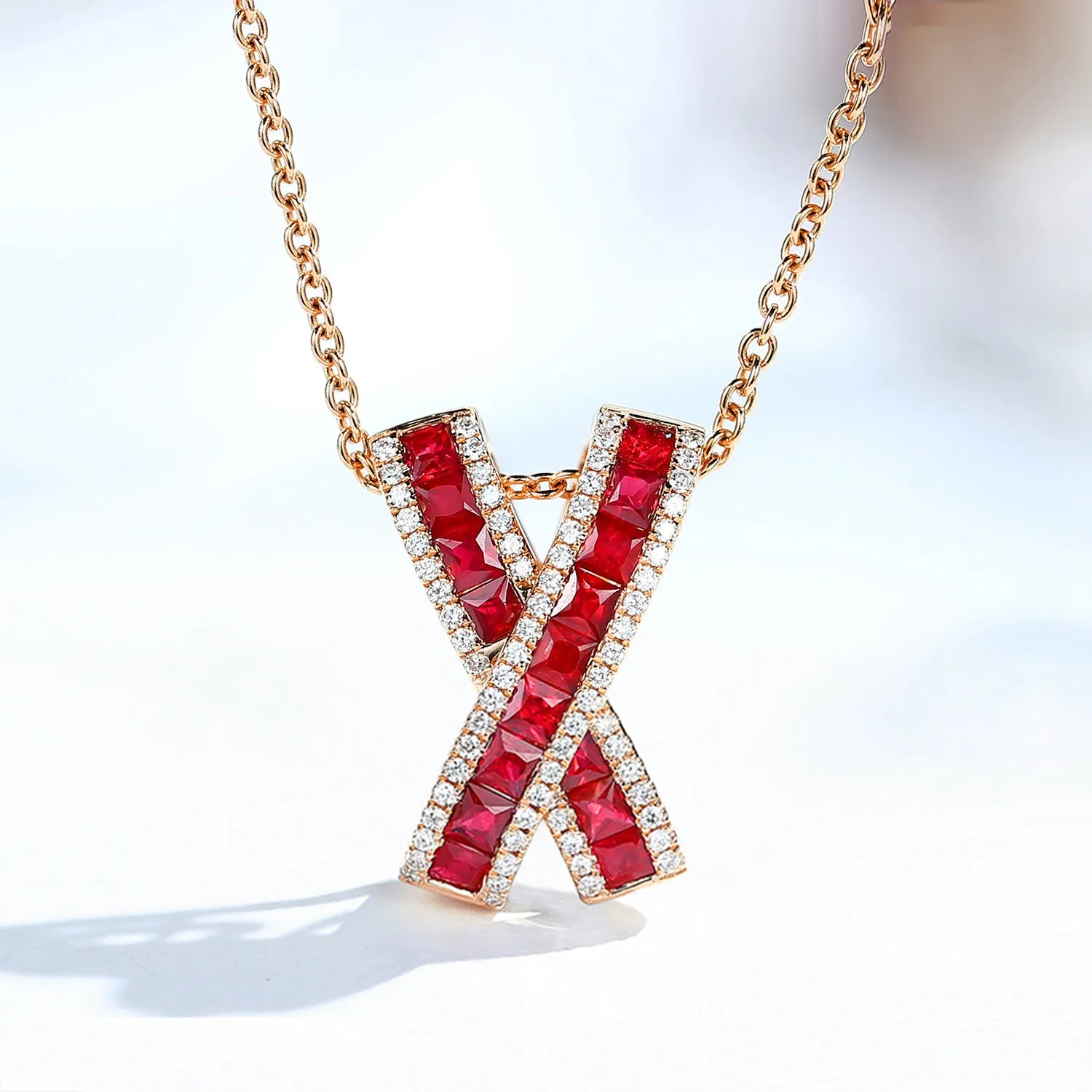 Diamond and Ruby X Cross Pendant Necklace