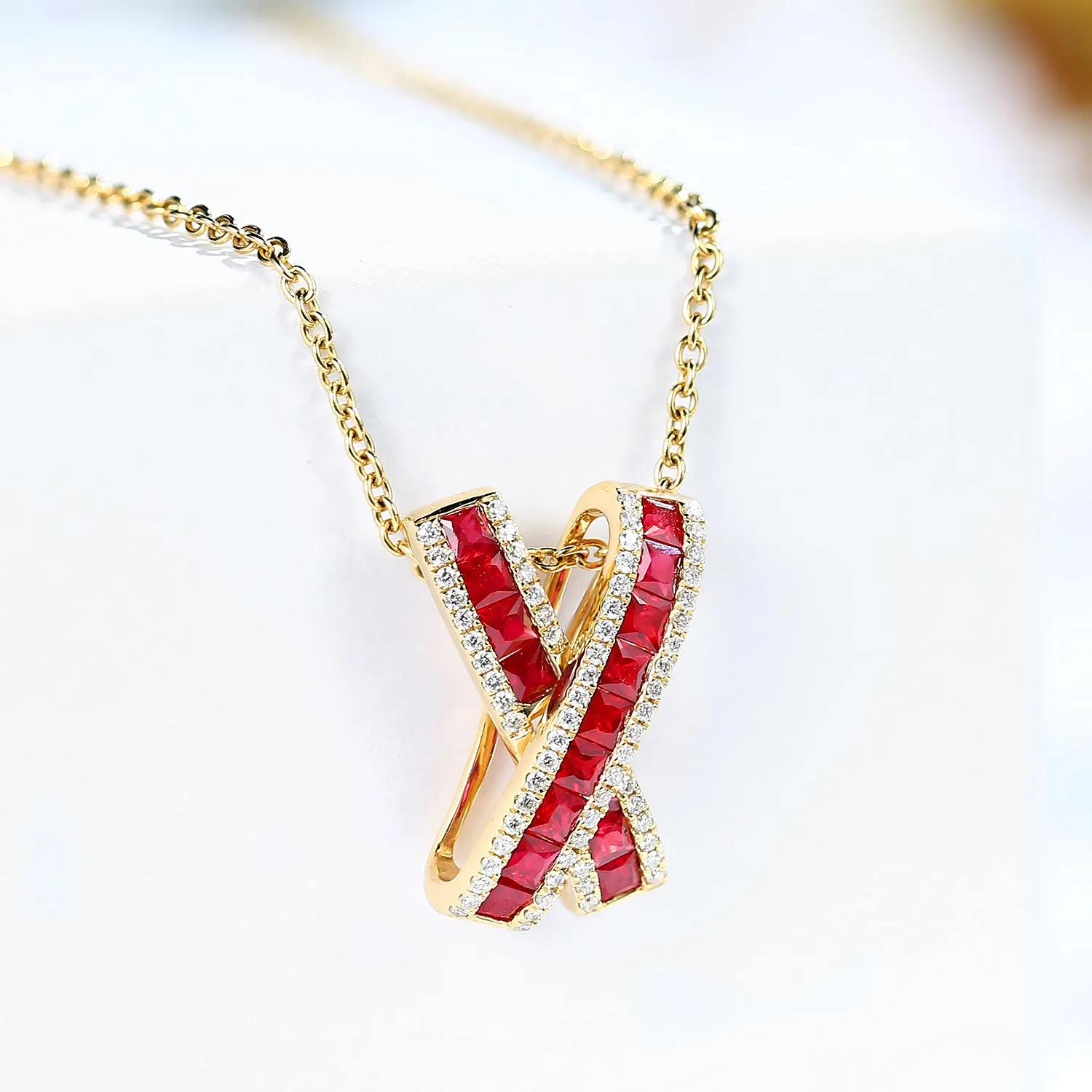Diamond and Ruby X Cross Pendant Necklace