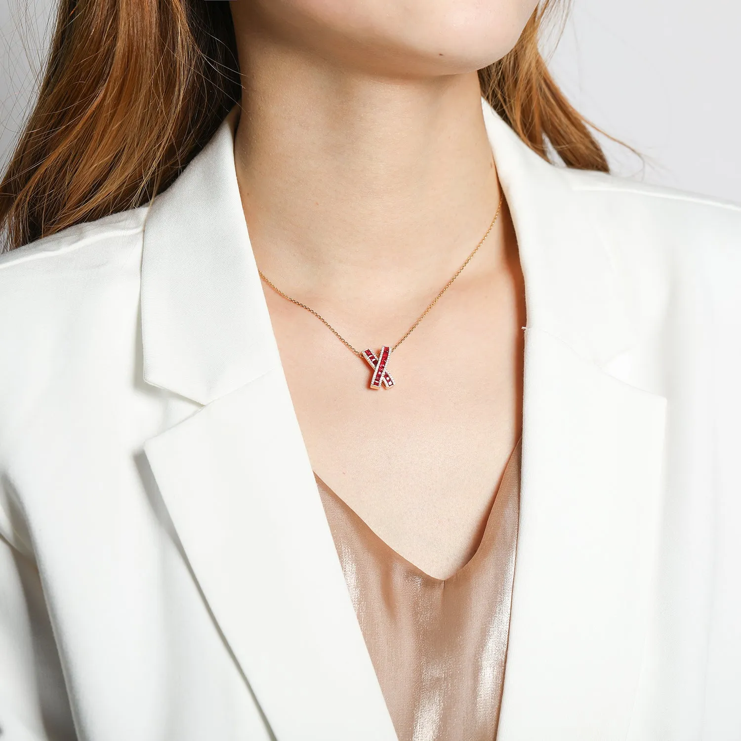 Diamond and Ruby X Cross Pendant Necklace