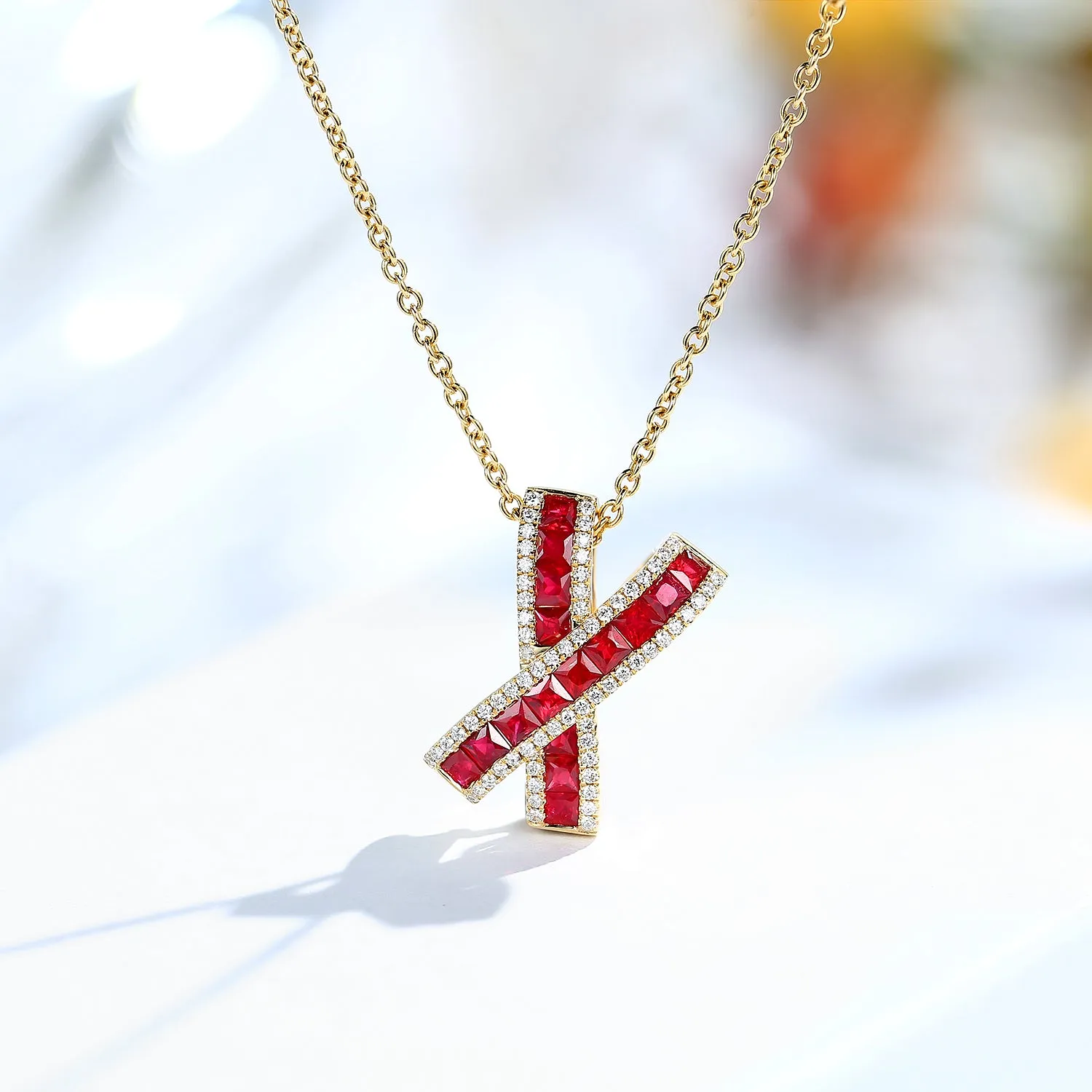 Diamond and Ruby X Cross Pendant Necklace