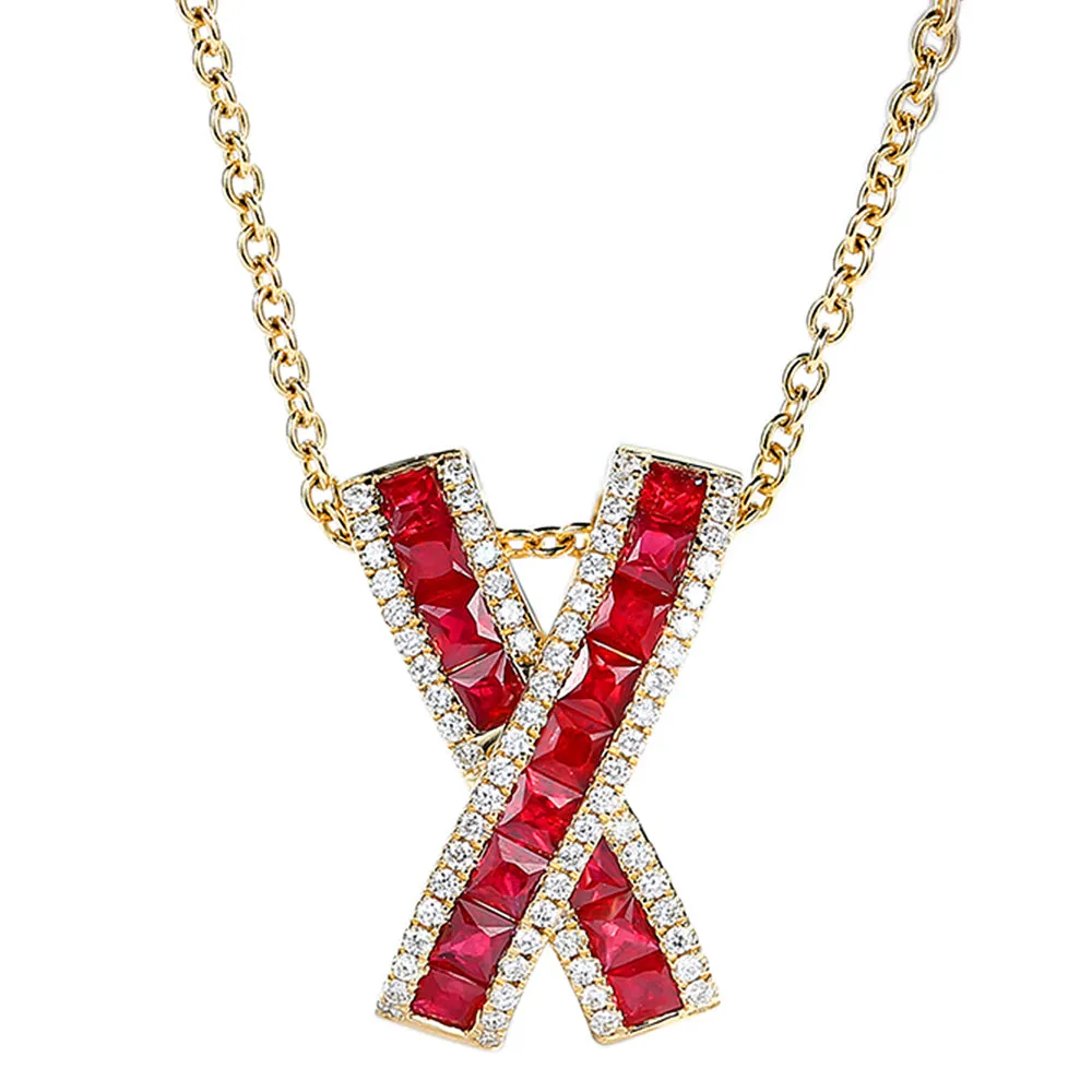 Diamond and Ruby X Cross Pendant Necklace