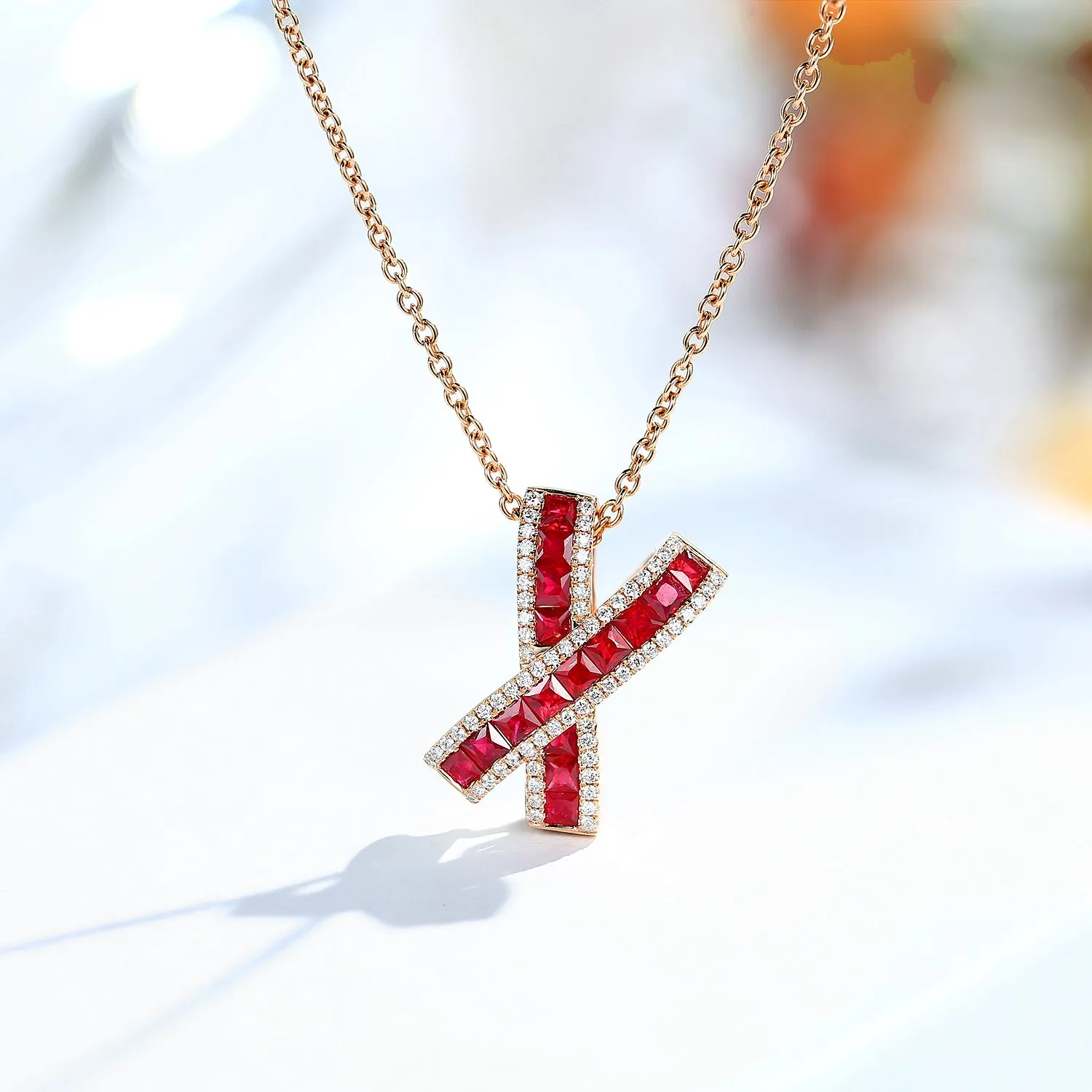 Diamond and Ruby X Cross Pendant Necklace