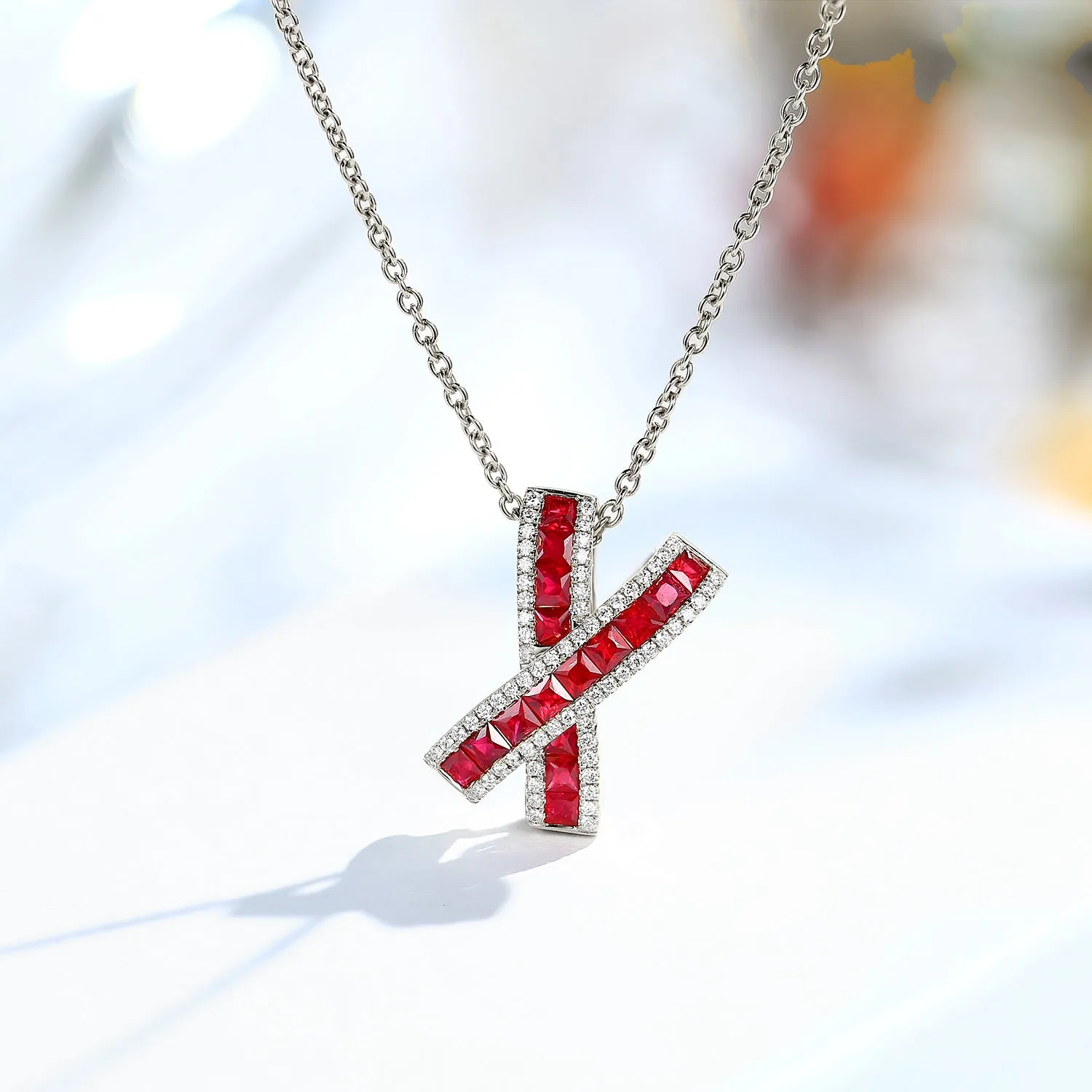 Diamond and Ruby X Cross Pendant Necklace