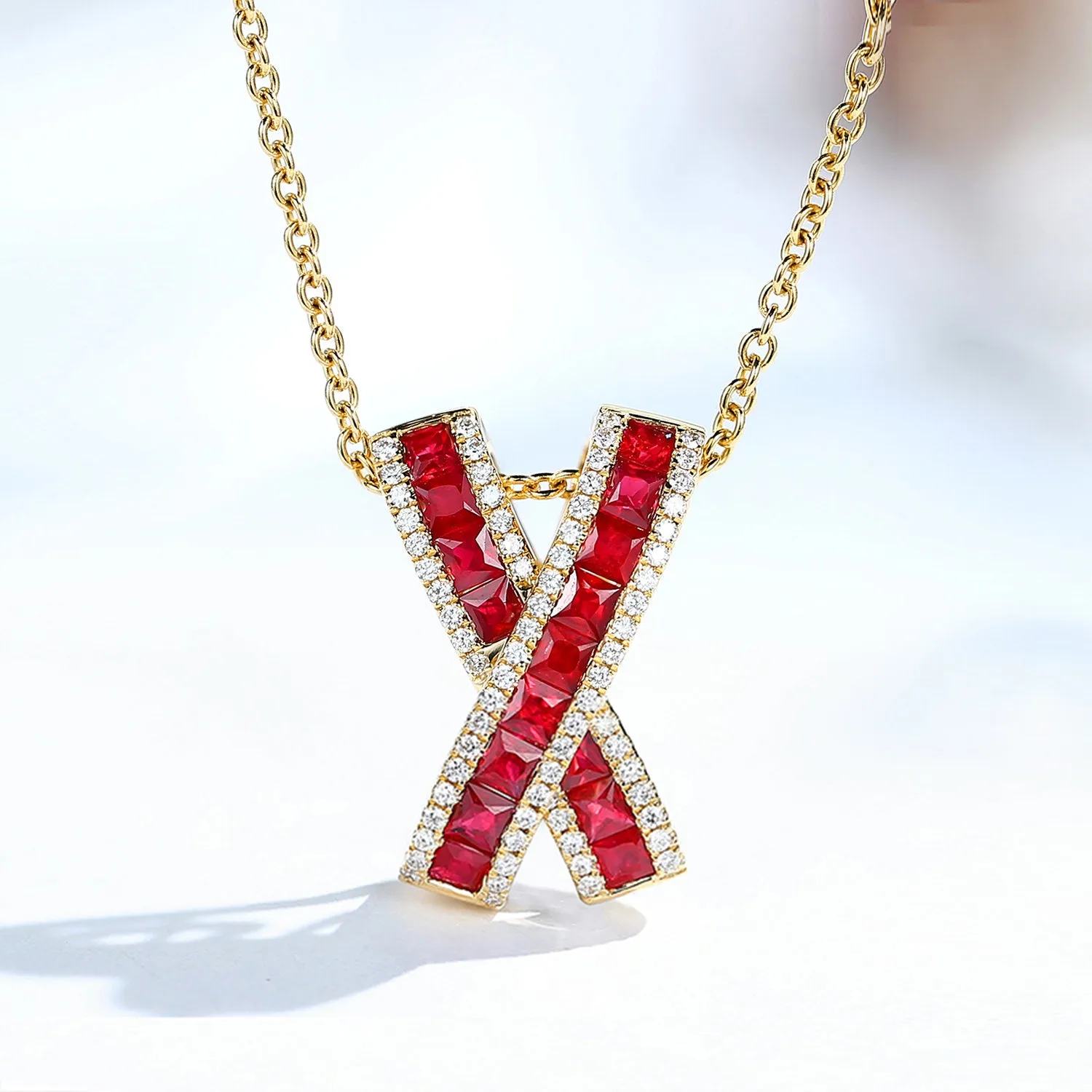 Diamond and Ruby X Cross Pendant Necklace