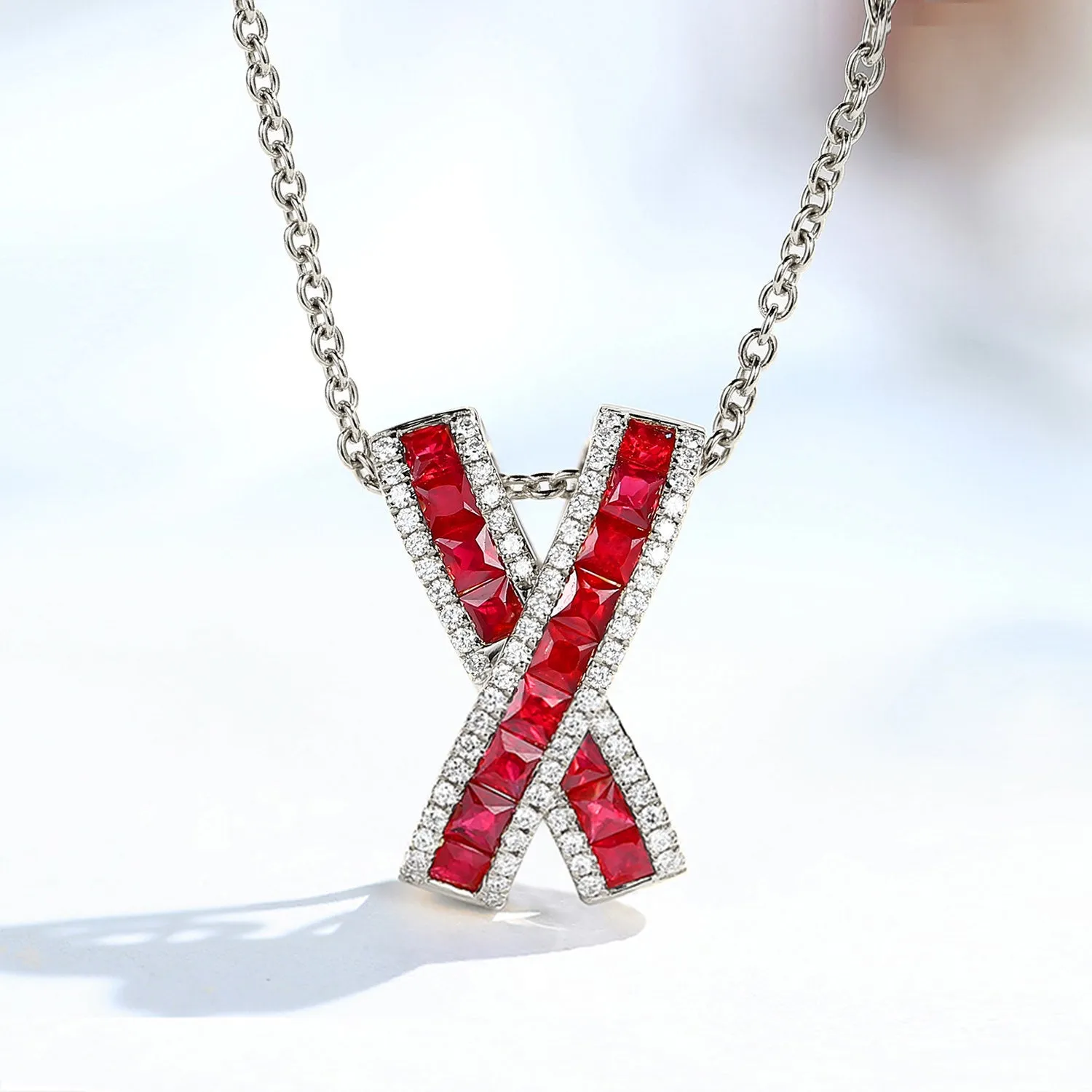 Diamond and Ruby X Cross Pendant Necklace
