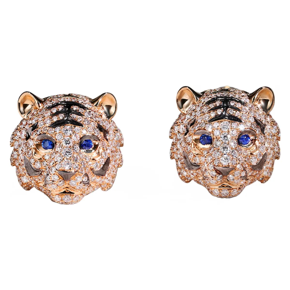 Diamond and Sapphire 3D Tiger Hoop Earrings