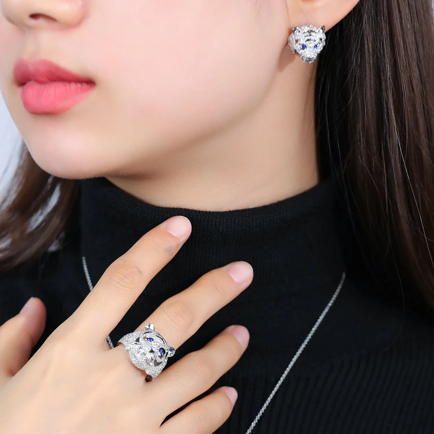 Diamond and Sapphire 3D Tiger Hoop Earrings