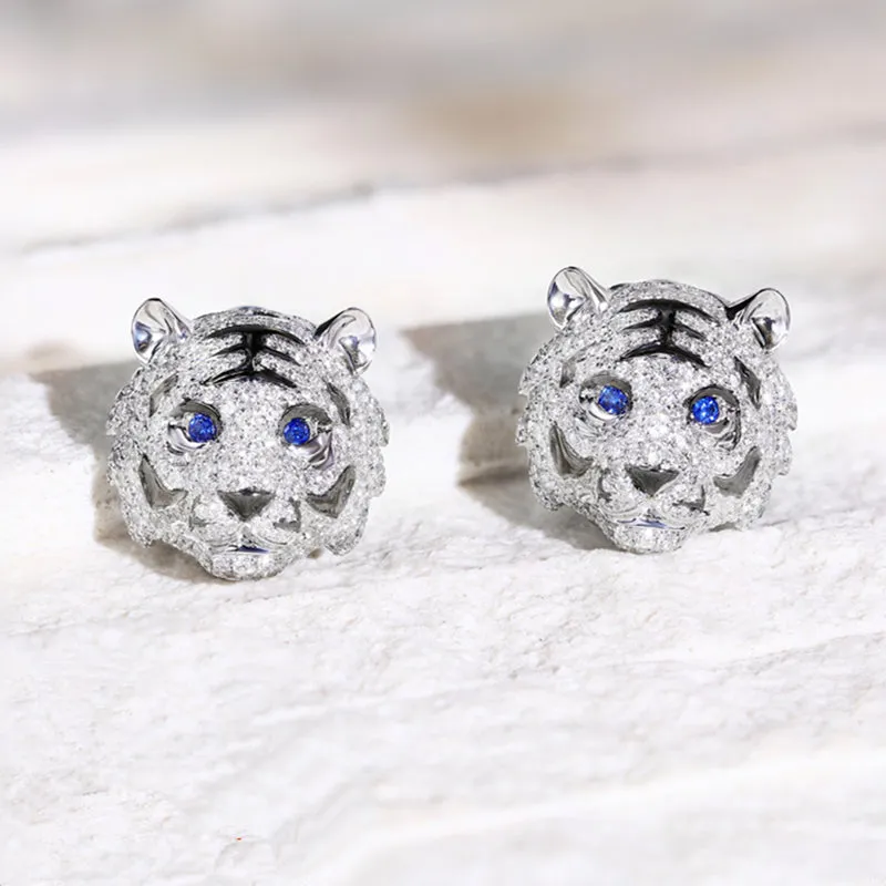 Diamond and Sapphire 3D Tiger Hoop Earrings