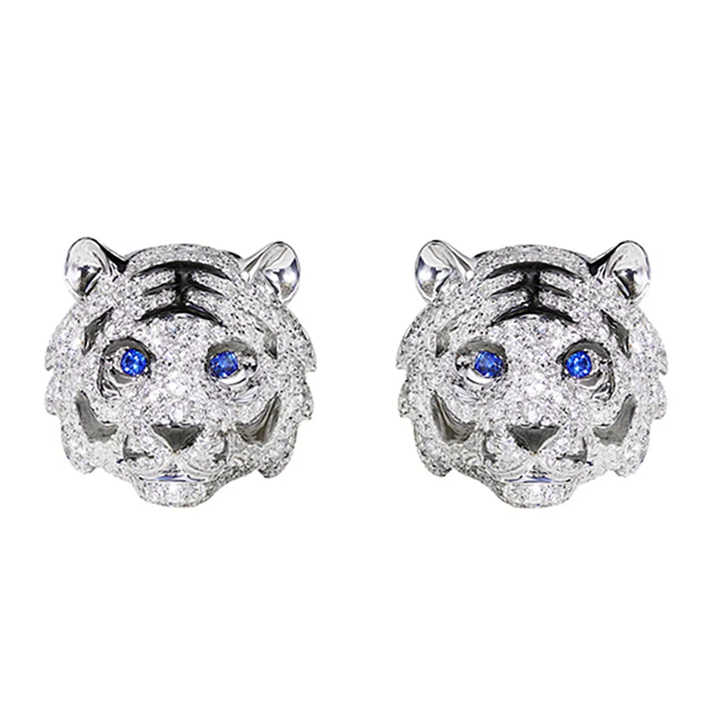 Diamond and Sapphire 3D Tiger Hoop Earrings