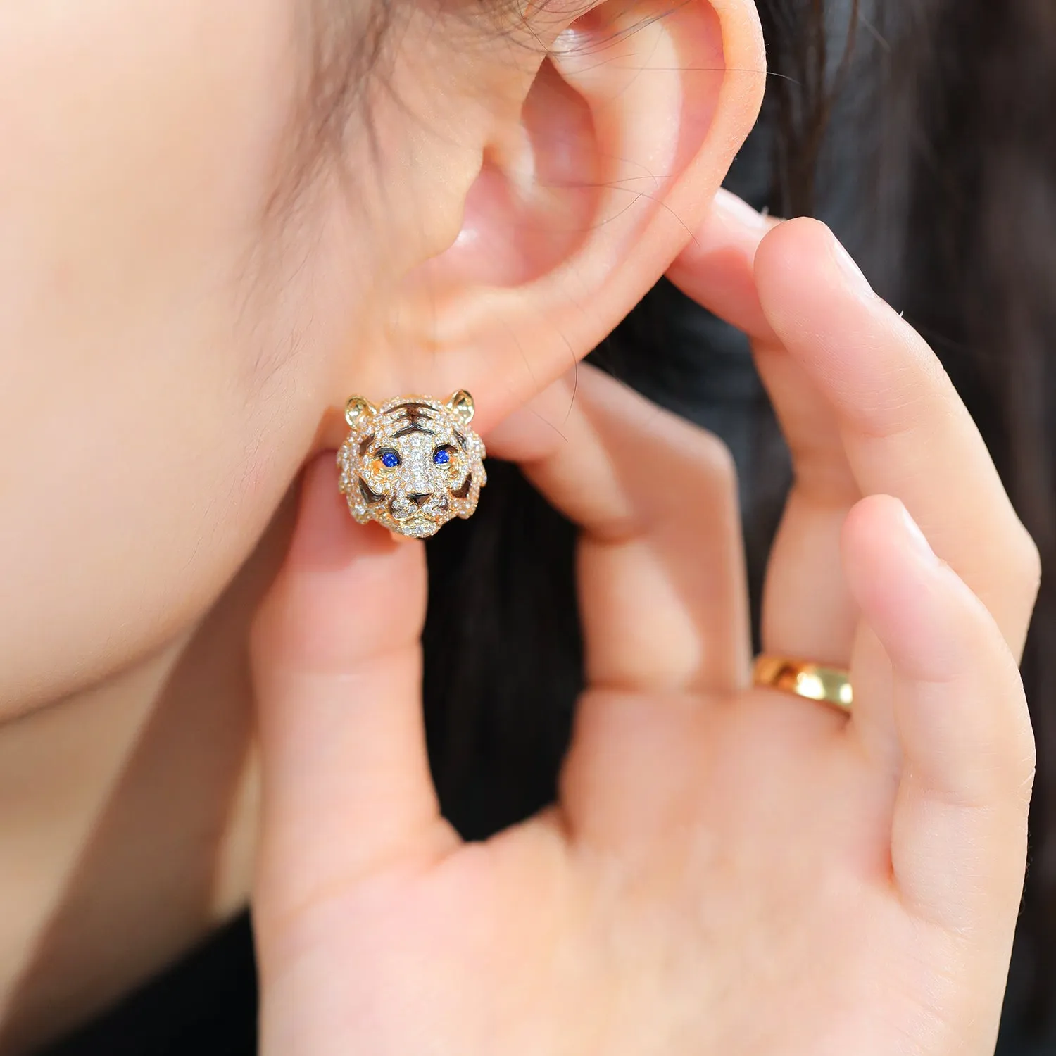 Diamond and Sapphire 3D Tiger Hoop Earrings