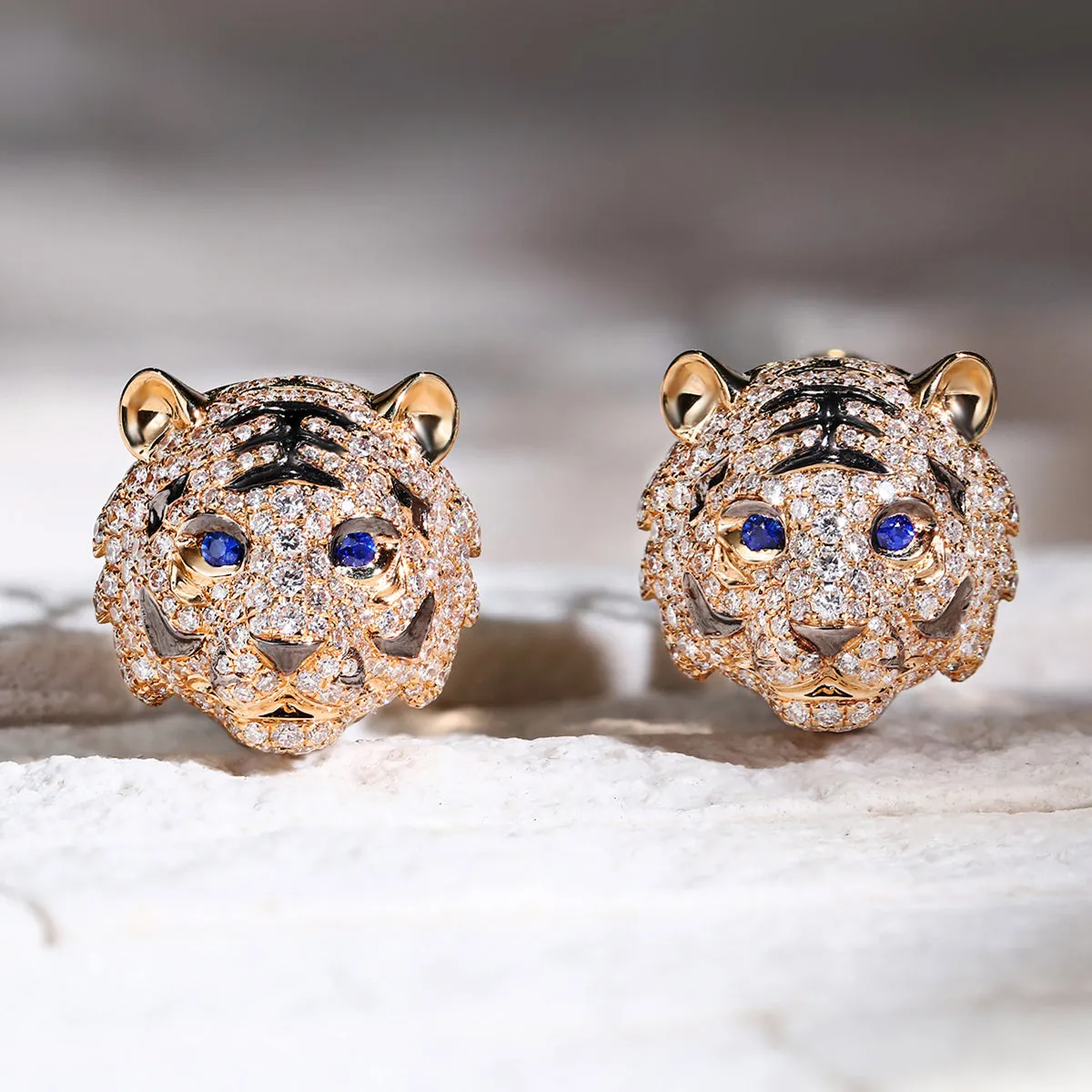 Diamond and Sapphire 3D Tiger Hoop Earrings