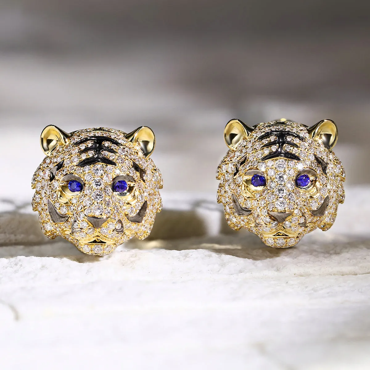 Diamond and Sapphire 3D Tiger Hoop Earrings