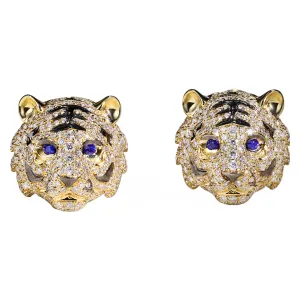Diamond and Sapphire 3D Tiger Hoop Earrings