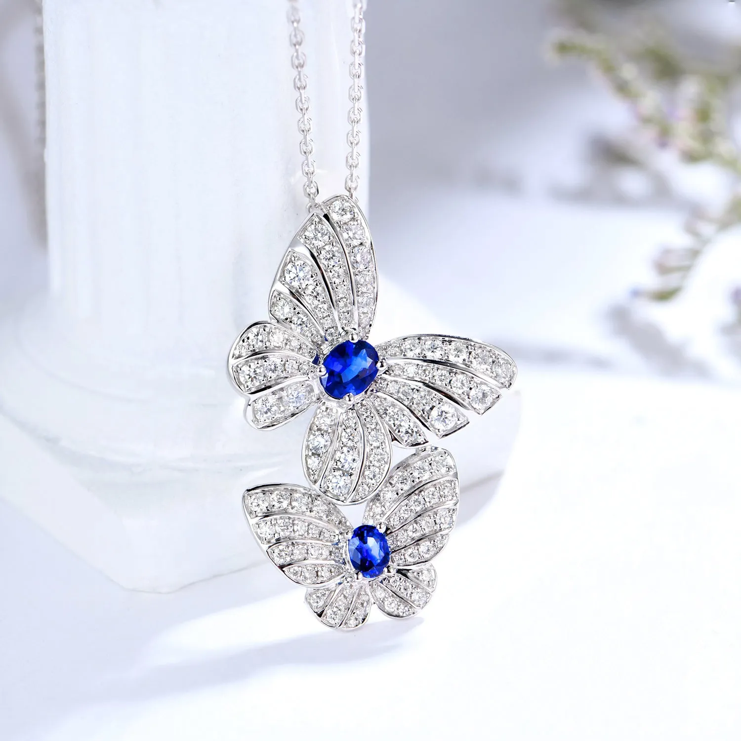 Diamond and Sapphire Butterflies Pendant Necklace