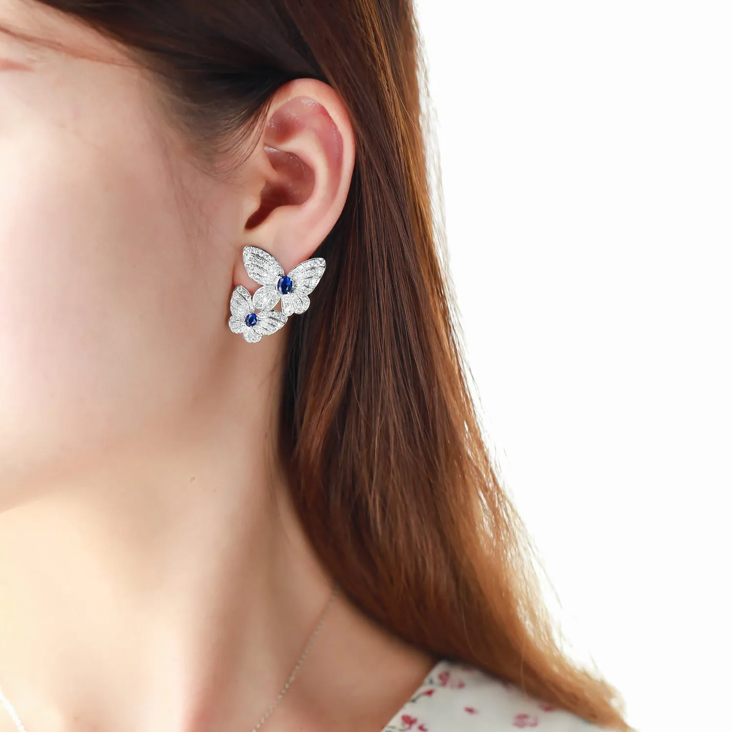 Diamond and Sapphire Double Butterfly Latch Back Earrings
