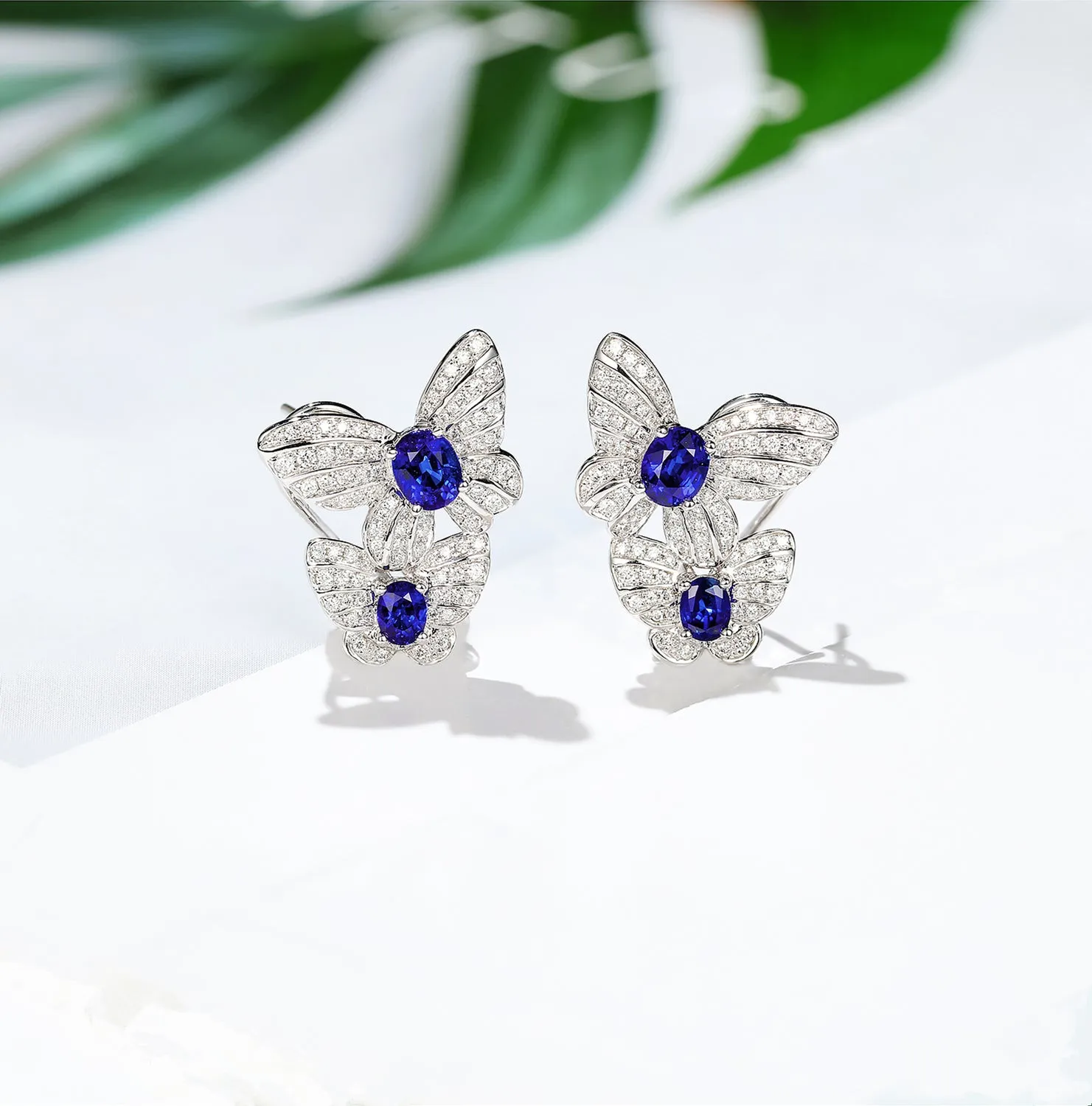 Diamond and Sapphire Double Butterfly Latch Back Earrings