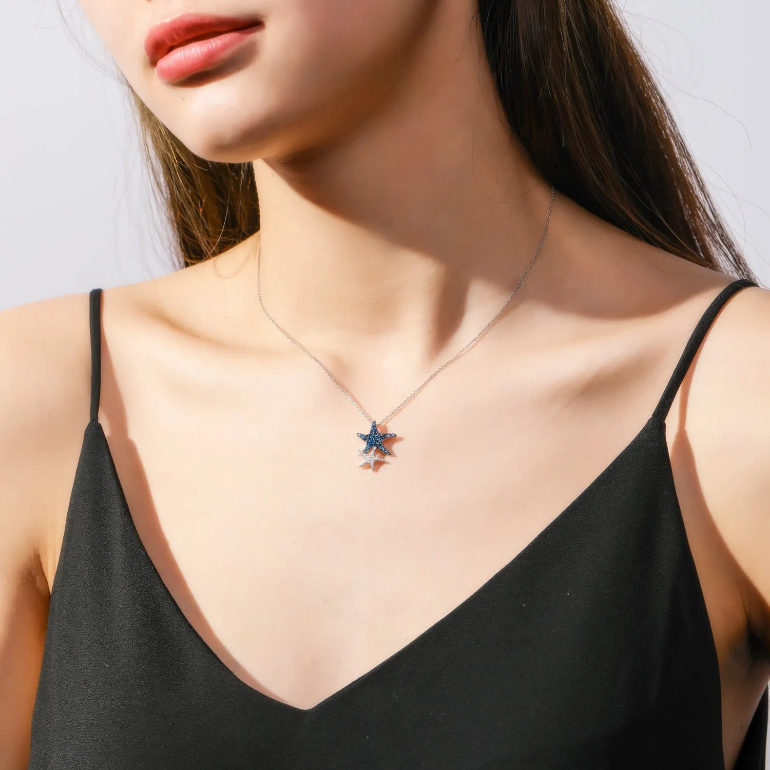 Diamond and Sapphire Starfish Pendant Necklace
