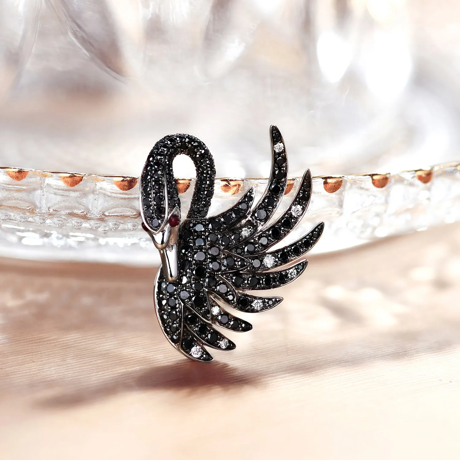 Diamond Black Swan Pendant Necklace