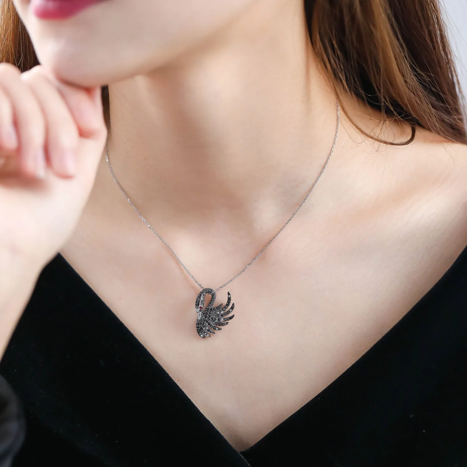 Diamond Black Swan Pendant Necklace