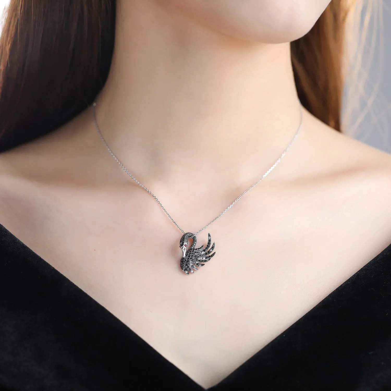 Diamond Black Swan Pendant Necklace