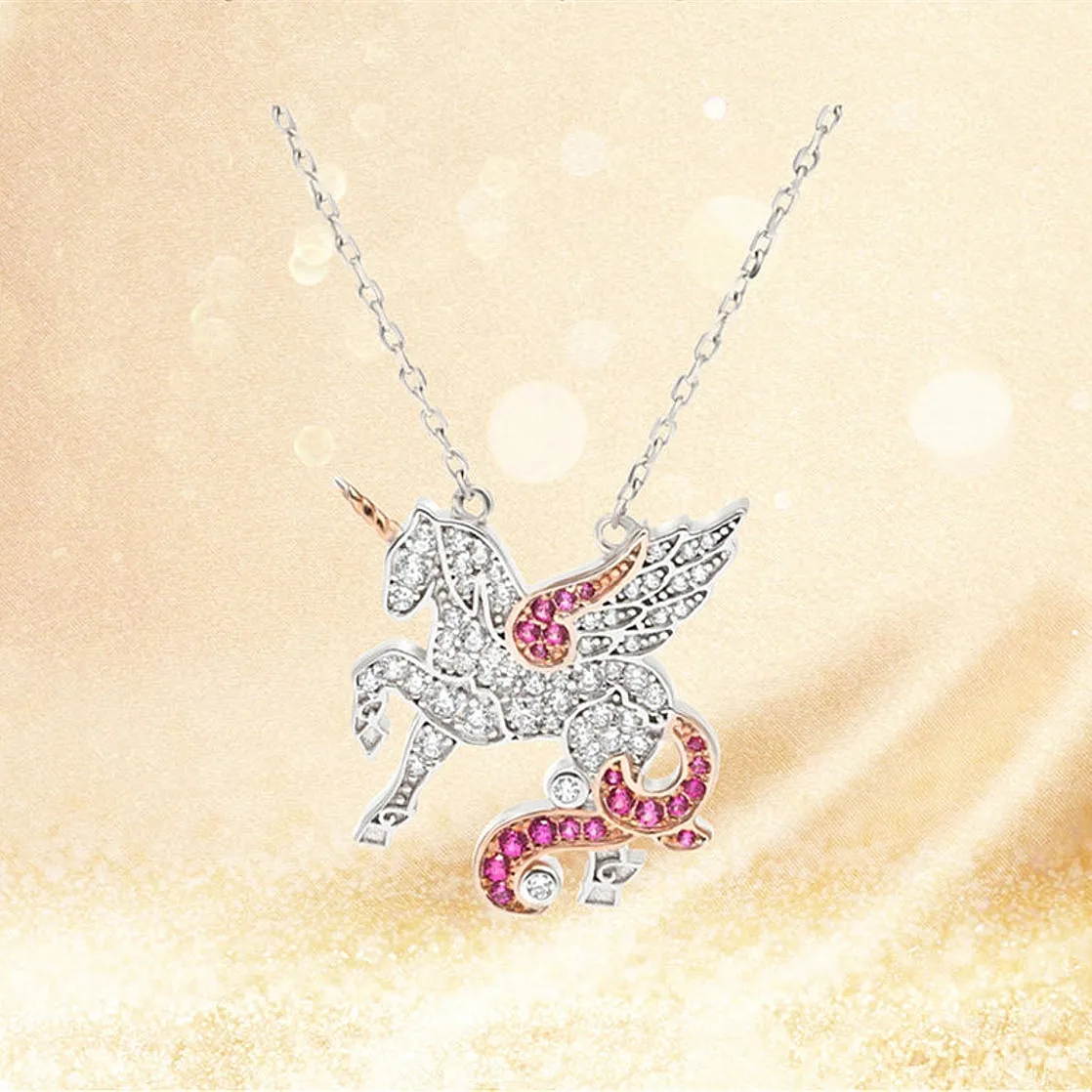 Diamond Pink Sapphire Flying Unicorn Pendant Necklace