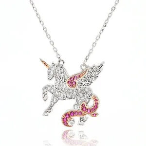Diamond Pink Sapphire Flying Unicorn Pendant Necklace