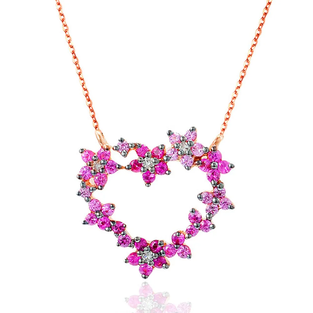 Diamond Ruby Heart Shaped Flowers Pendant Necklace