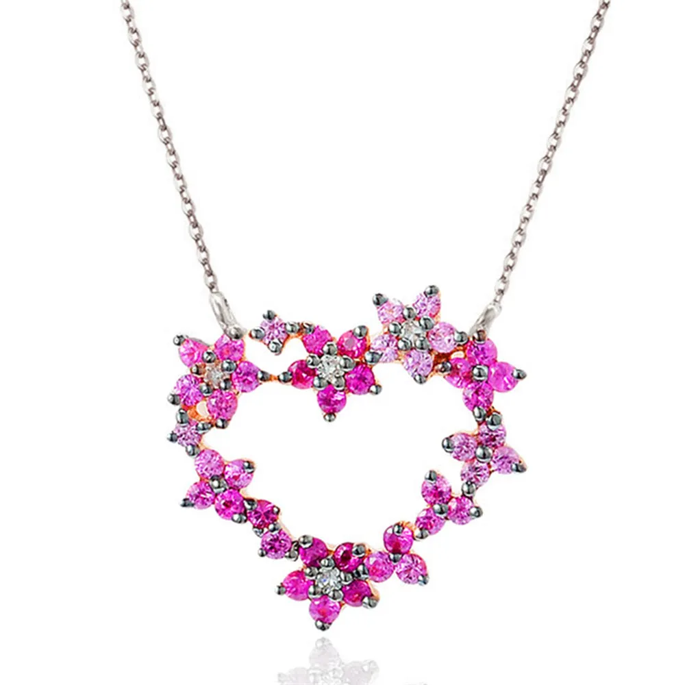 Diamond Ruby Heart Shaped Flowers Pendant Necklace