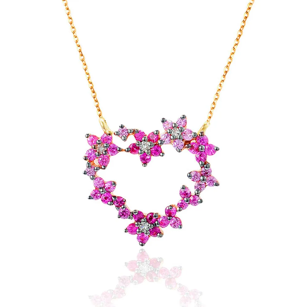 Diamond Ruby Heart Shaped Flowers Pendant Necklace