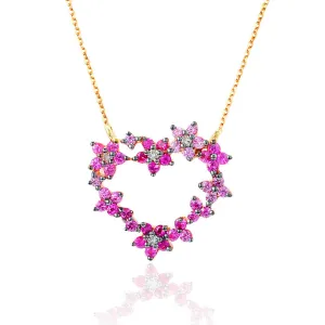 Diamond Ruby Heart Shaped Flowers Pendant Necklace
