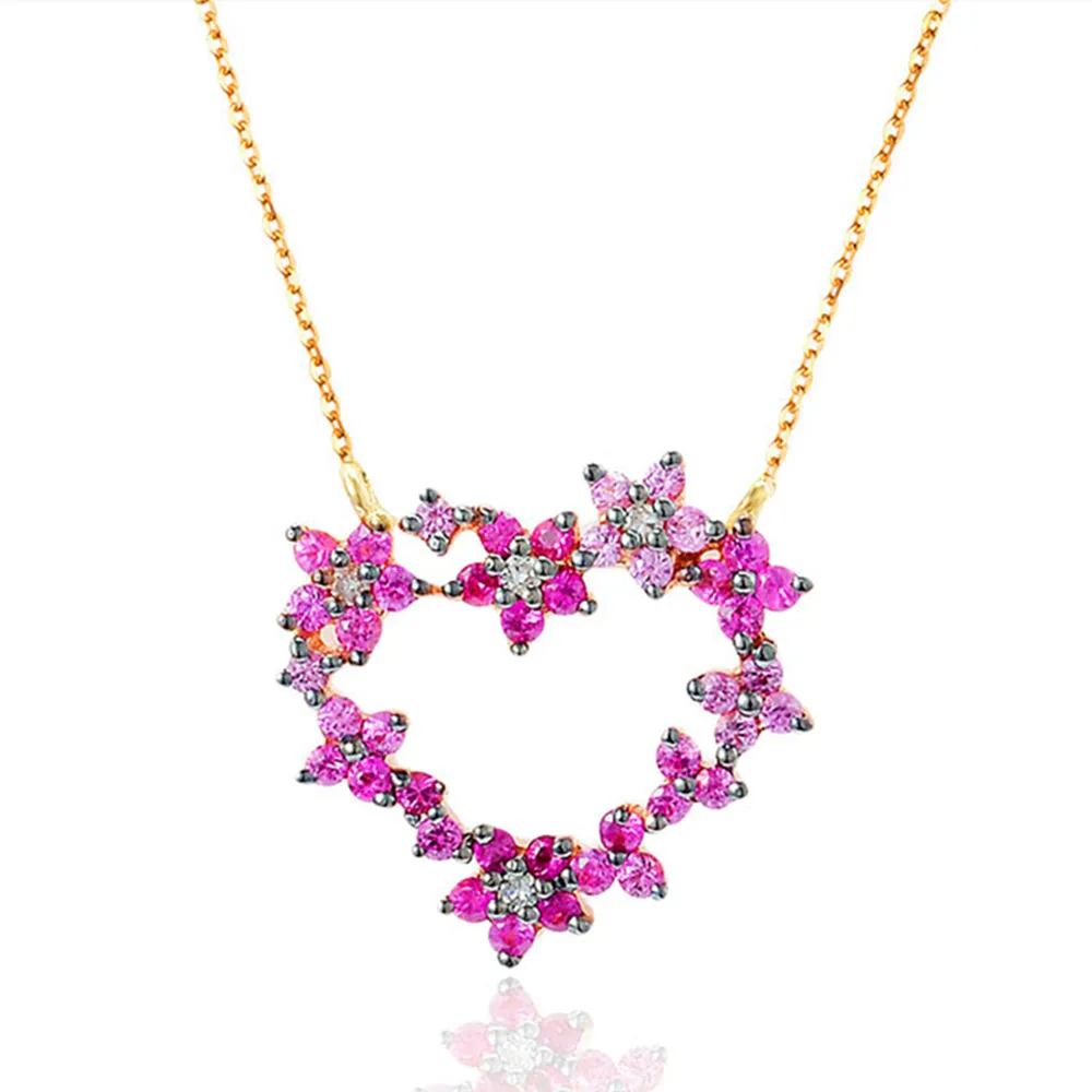 Diamond Ruby Heart Shaped Flowers Pendant Necklace