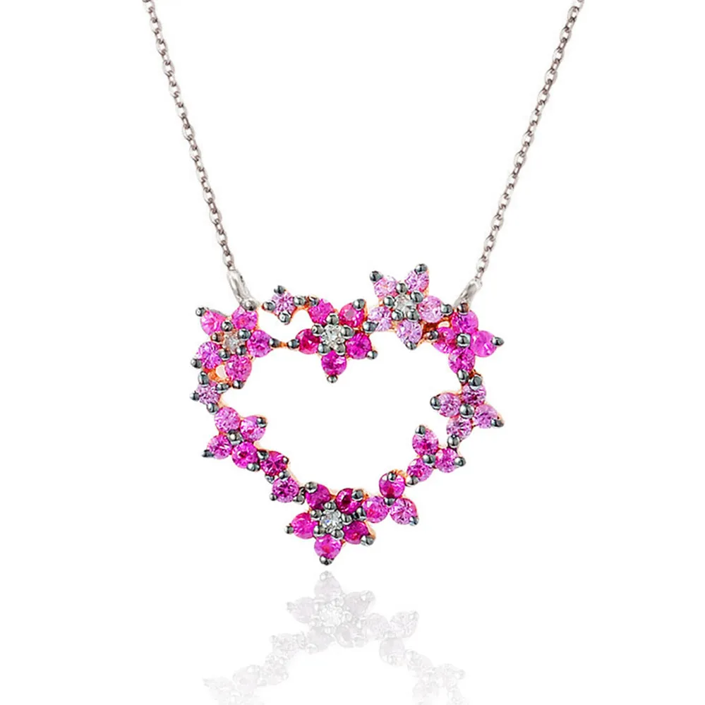 Diamond Ruby Heart Shaped Flowers Pendant Necklace
