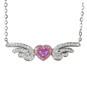 Diamond Sapphire Angel Wings with Heart Pendant Necklace