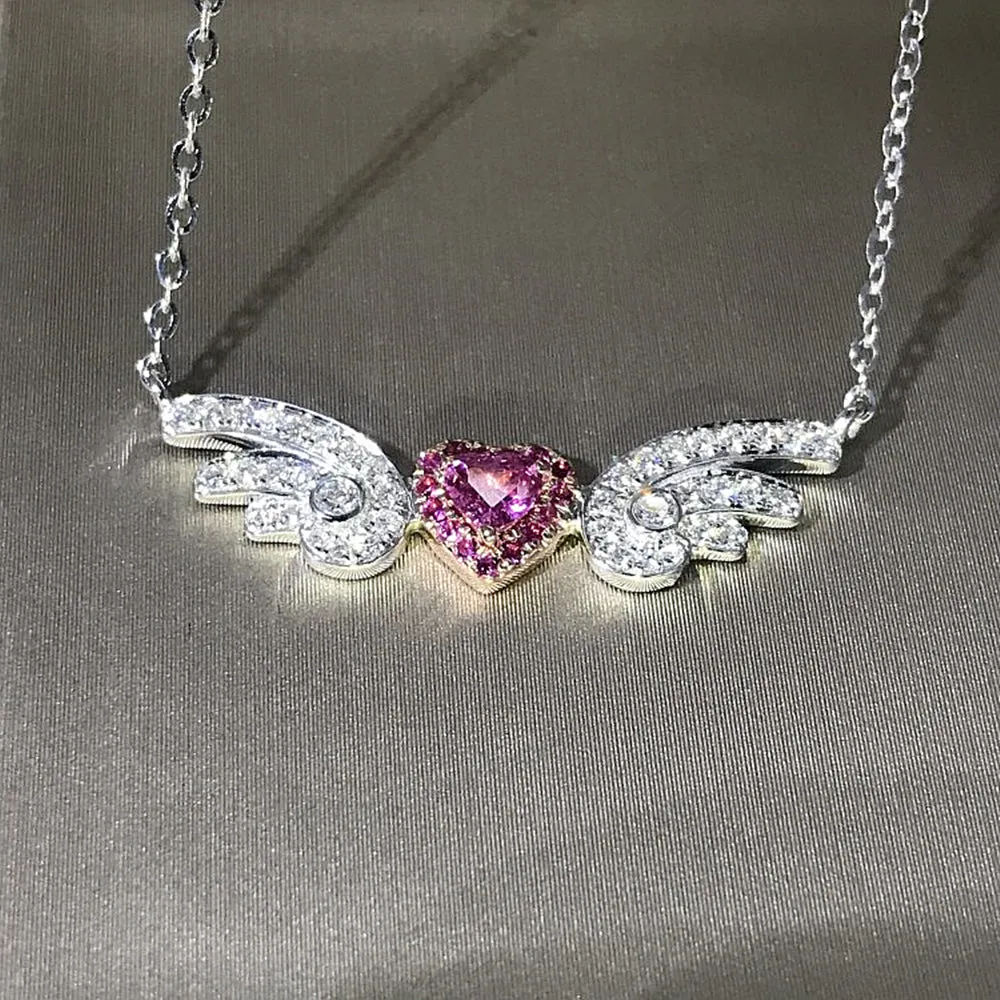 Diamond Sapphire Angel Wings with Heart Pendant Necklace