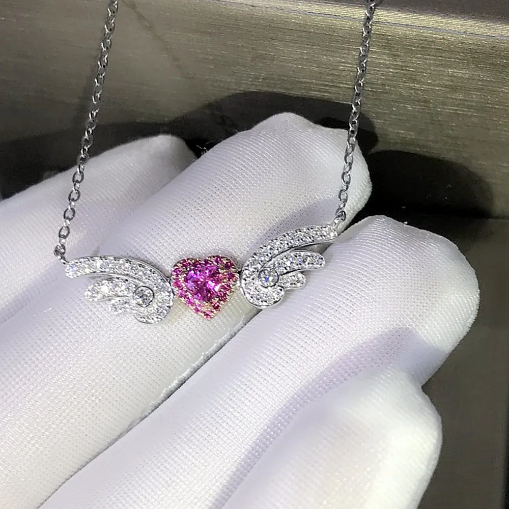 Diamond Sapphire Angel Wings with Heart Pendant Necklace