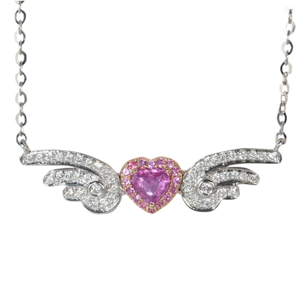 Diamond Sapphire Angel Wings with Heart Pendant Necklace