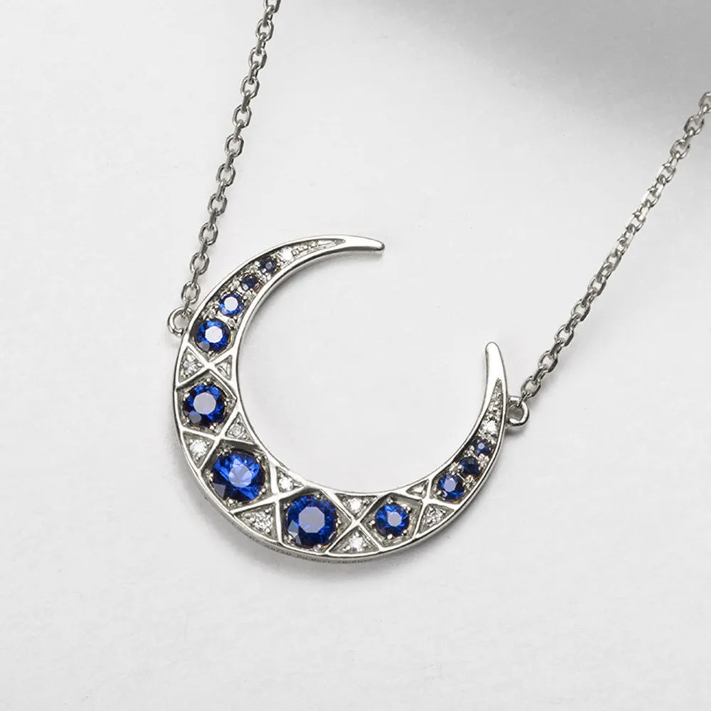Diamond Sapphire Crescent Moon Pendant Necklace