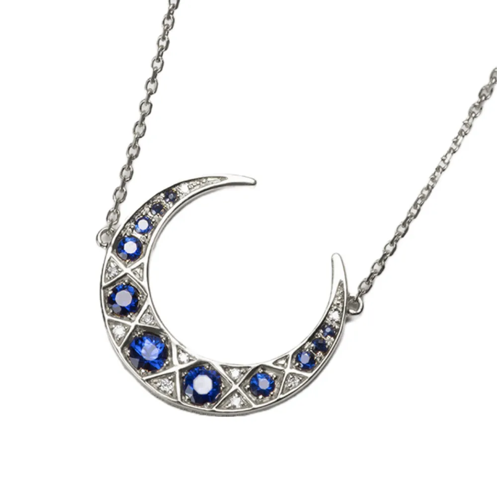 Diamond Sapphire Crescent Moon Pendant Necklace