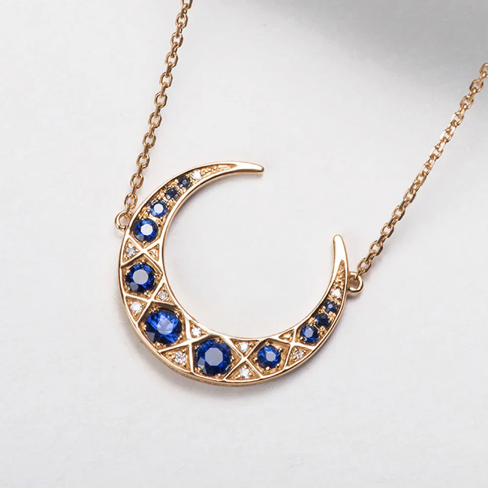 Diamond Sapphire Crescent Moon Pendant Necklace
