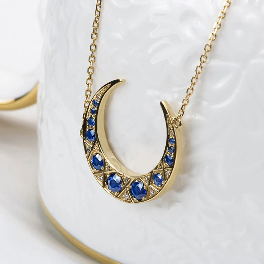 Diamond Sapphire Crescent Moon Pendant Necklace